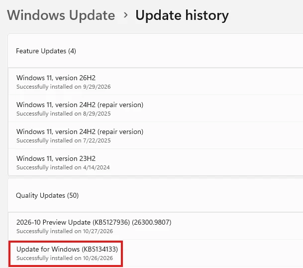 KB5134133 Windows 11 Out-of-band Update build 26100.9725 (24H2), 26200. ...