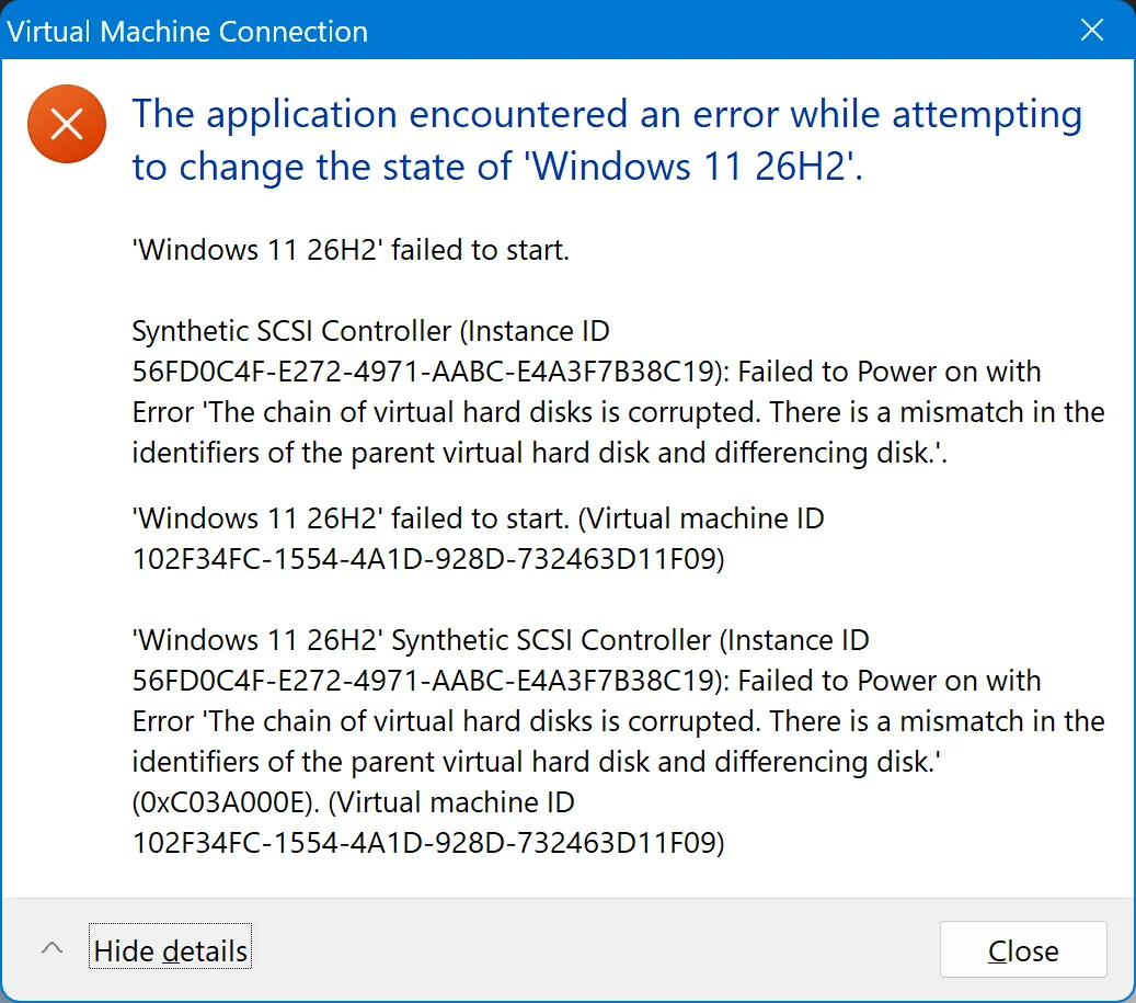 Hyoer-V error 0xC03A000E Synthetic SCSI Controller.webp