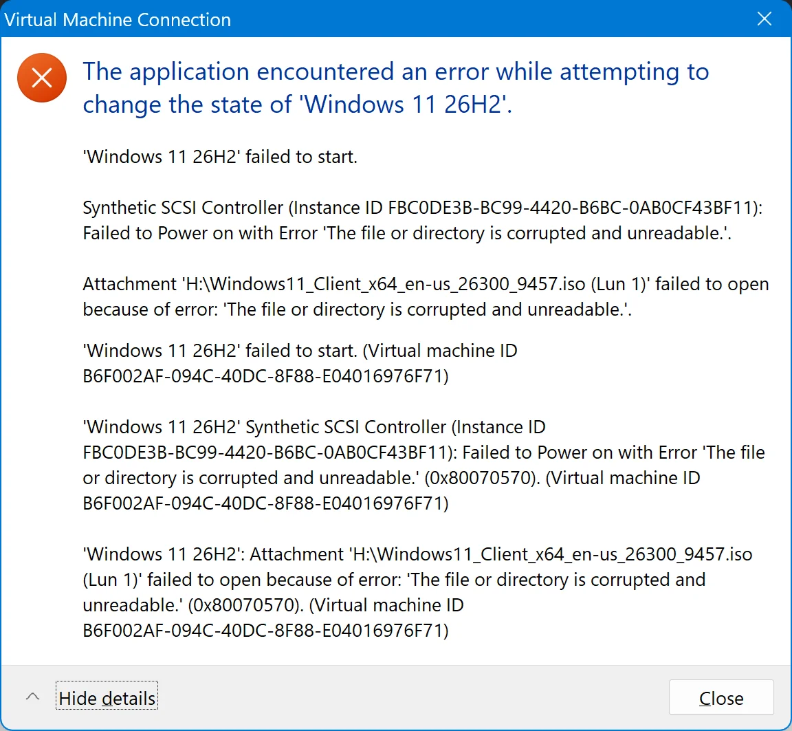 Hyper-V VM error 0x80070570.webp