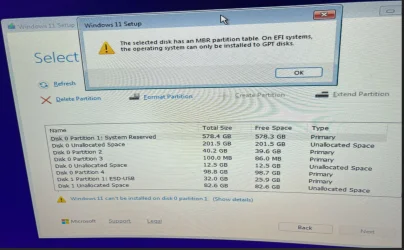 The selected disk has an MBR partition table. On EFI systems, the operating system can only b...webp