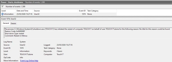Shutdown reason in Event viewer.webp