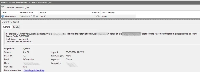 Shutdown reason in Event viewer.webp