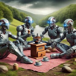 Four cybermen having a picnic near a river with a coffee grinder.jpeg