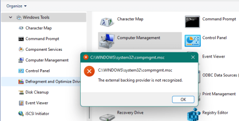 1. Computer Mgmt - The external backing provider is not recognized.png
