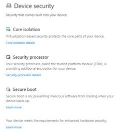 WINDOWS 10 DEVICE SECURITY PAGE SHOWING ALL SECURITY OPTIONS ON AND WORKING READY FOR W11.jpg