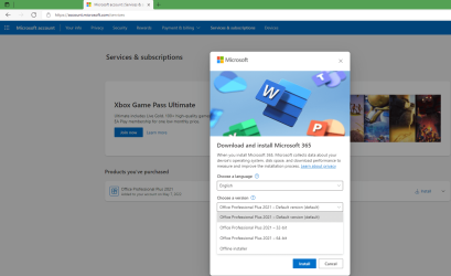 20230709 041029 MSAccount, Servces n subs, Office x86 & x64 choice.png