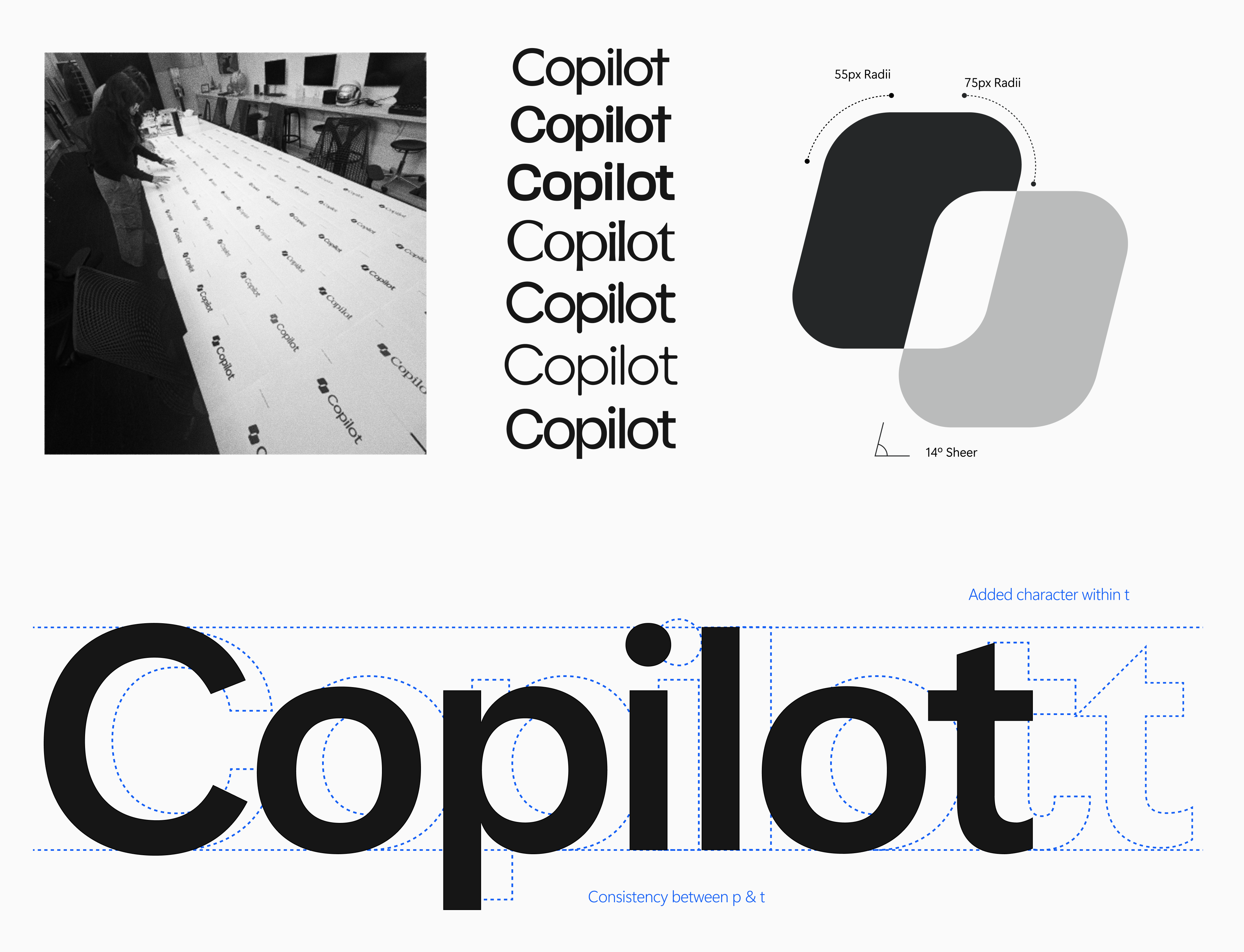 Design sheet showing How Copilot’s icon joined the conversation: various font weights, labeled rounded squares, a large Copilot wordmark with grid lines, and photos of printed Copilot logos on a table.