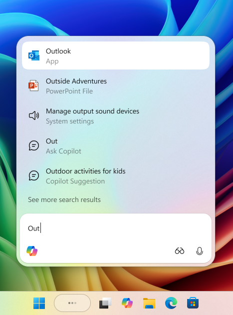 The Ask Copilot experience in the Windows taskbar demonstrating a query for ‘Out’ that shows apps, files, settings, and Copilot chat suggestions.