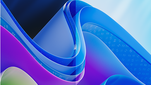 Windows 11 Bloom waves in blue, pink and green with half image on the dark blue background and half on the light blue. One wave has the number 11 sprinkled around it with the Windows Insider icon among the numbers.
