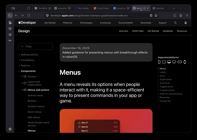 Firefox hover preview showing an Apple Developer Menus page open in a background tab.