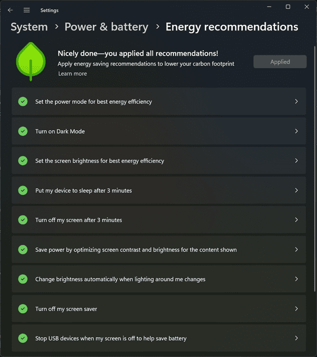 Power and battery energy recommendations in Windows settings