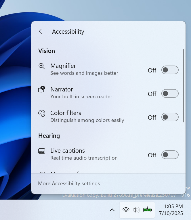 Accessibility flyout via quick setting showing text descriptions for assistive technologies like Narrator, Voice access, etc.