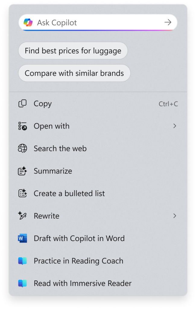 New Copilot prompt box at the top of the Click to Do context menu.