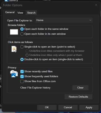 Updates to the Folder Options dialog in dark mode.
