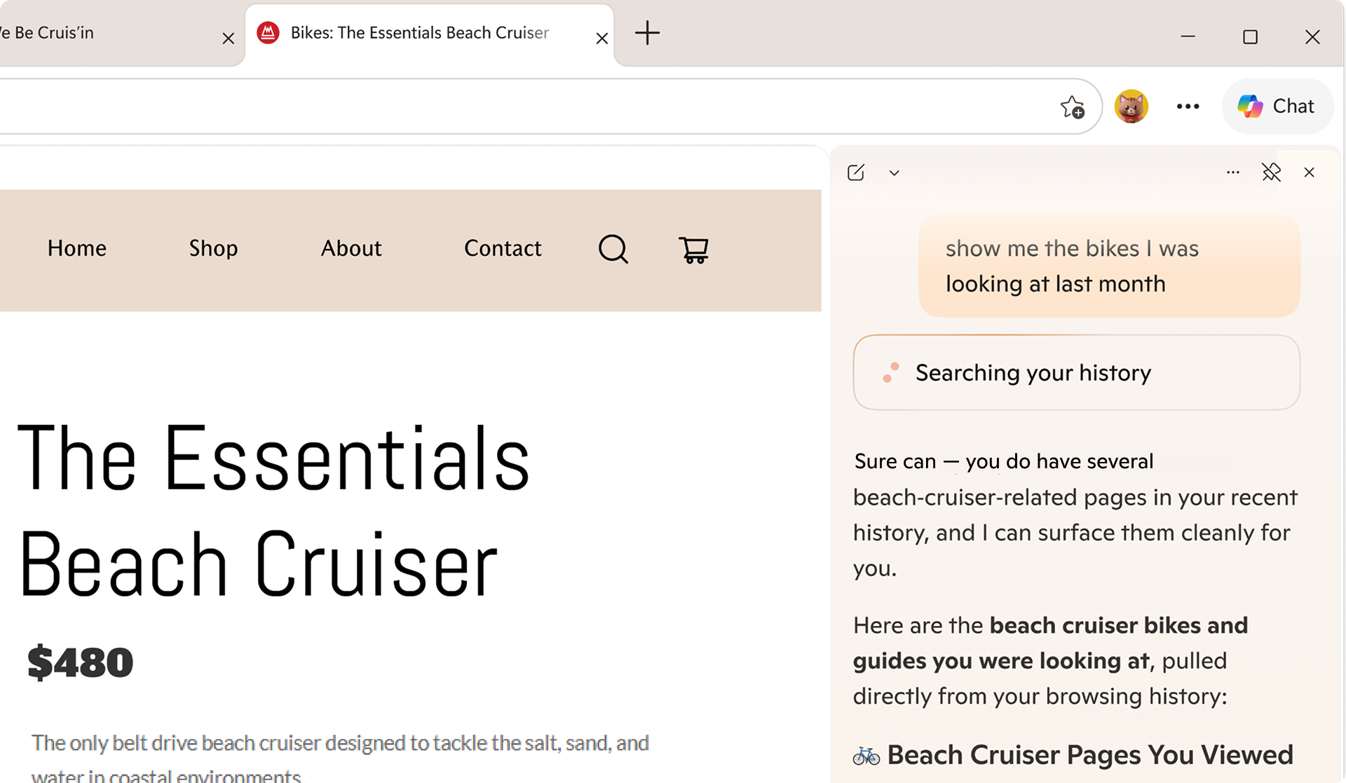 Copilot in Edge for desktop, showing a message saying 'Searching your history'.
