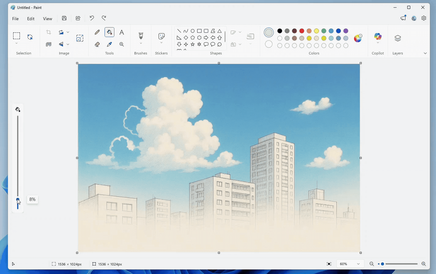 Paint app showing Fill tool with tolerance set to 8% versus 18%. 