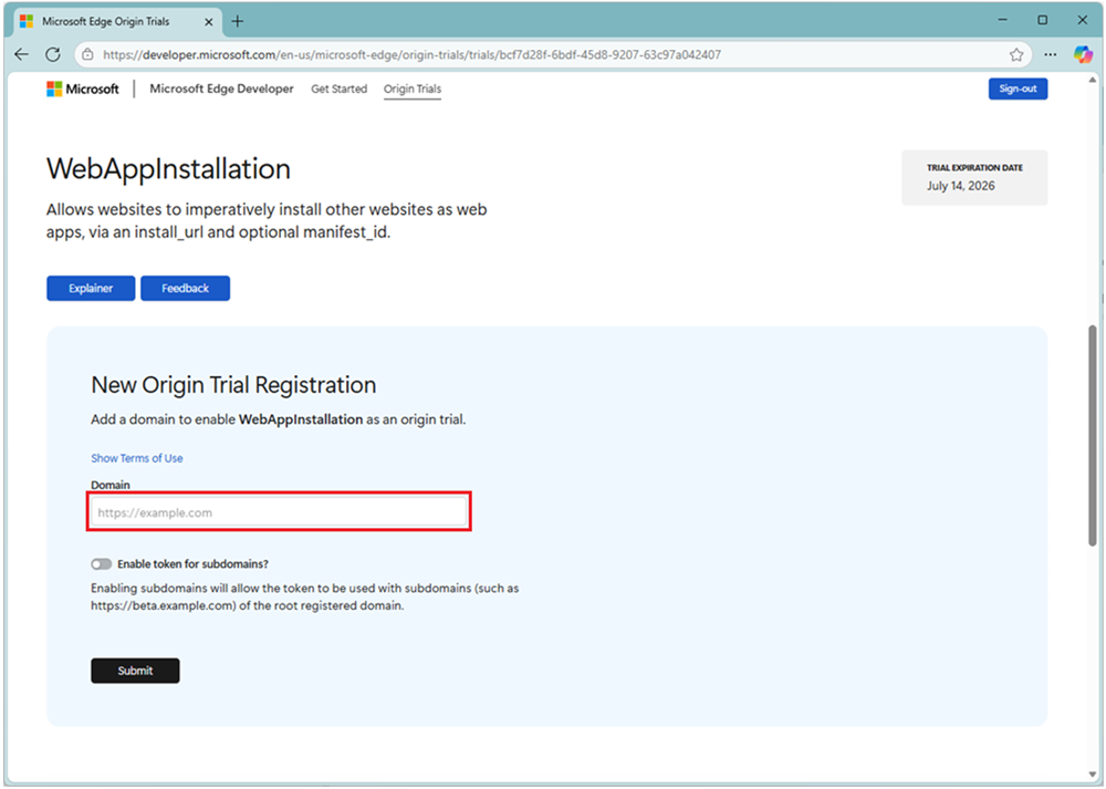 The page to enter a domain name to register for the Web Install origin trial, on Microsoft Edge's origin trial site.