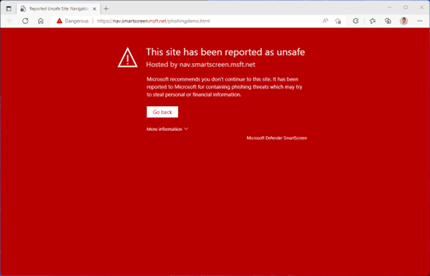 Browser open to a SmartScreen warning page, which reads This side has been reported as unsafe, which options to Go back or expand a dialog for More information.