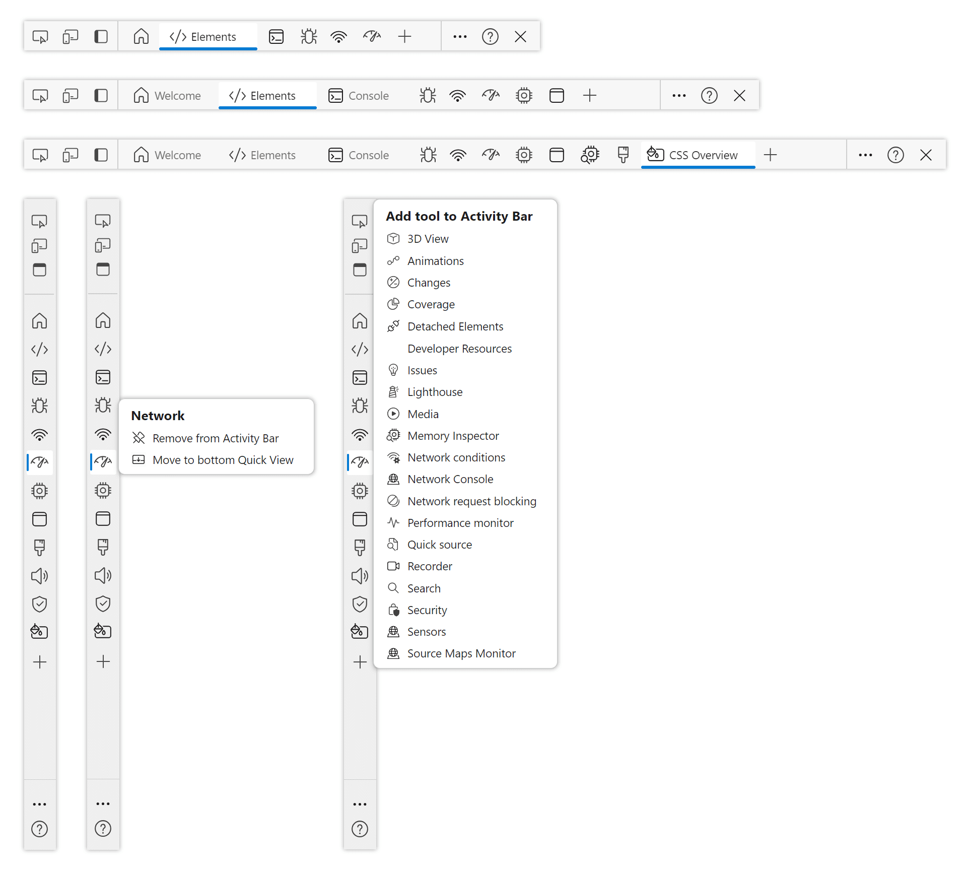 Multiple screenshots of the Activity Bar, showing the horizontal and vertical orientation