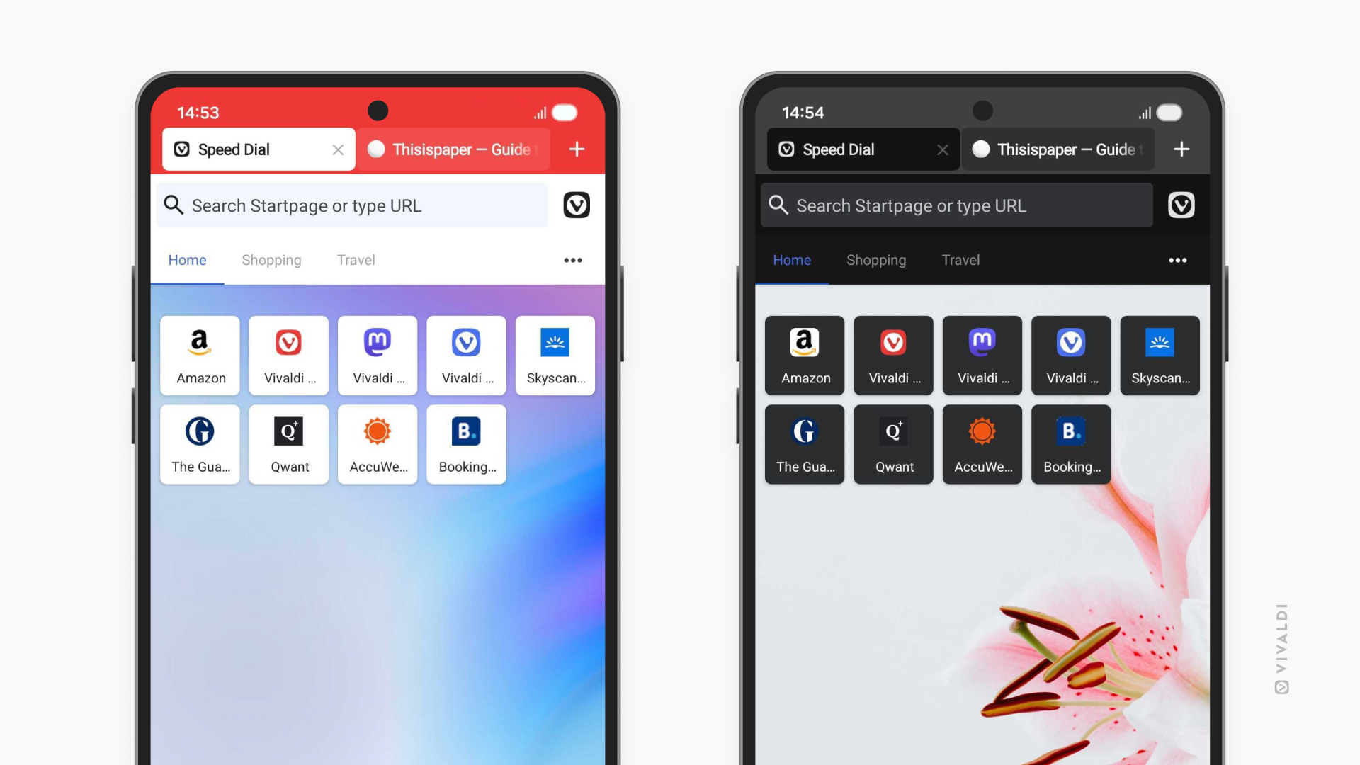Two phones with Vivaldi on Android side by side showing different backgrounds