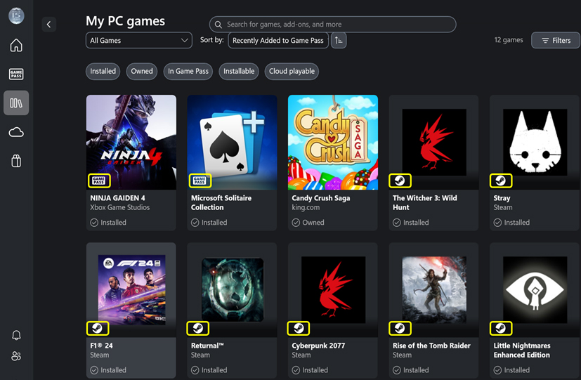 All installed games from different platforms are available in one library.
