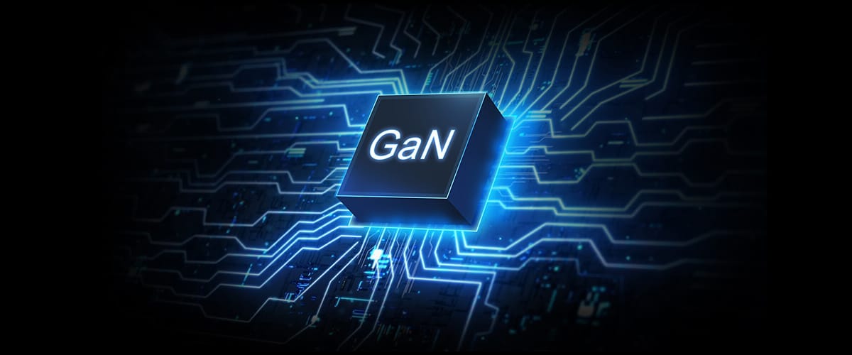Blue, cyber-stylized visual representation of GaN MOSFET technology