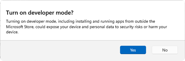 Updated Settings Developer Mode dialog.