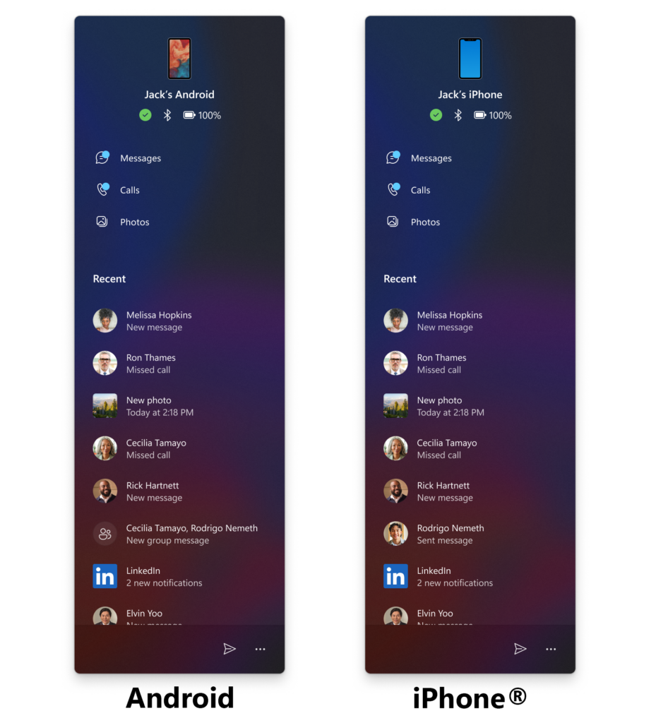 The redesigned mobile device companion experience for the Start menu showing an Android device on the left and iPhone® on the right. The redesigned mobile device companion experience for the Start menu showing an Android device on the left and iPhone® on the right.