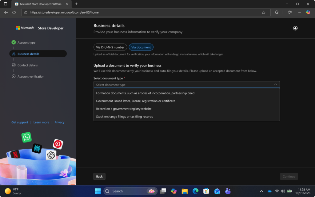 Document upload alternative on the Business Details step.