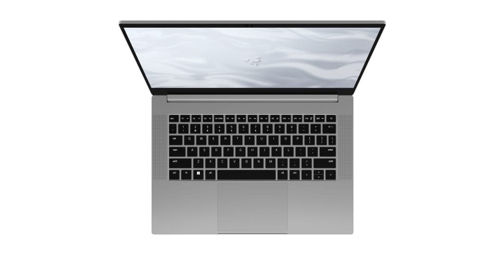 Razer Blade 14 in Mercury, open and seen from above