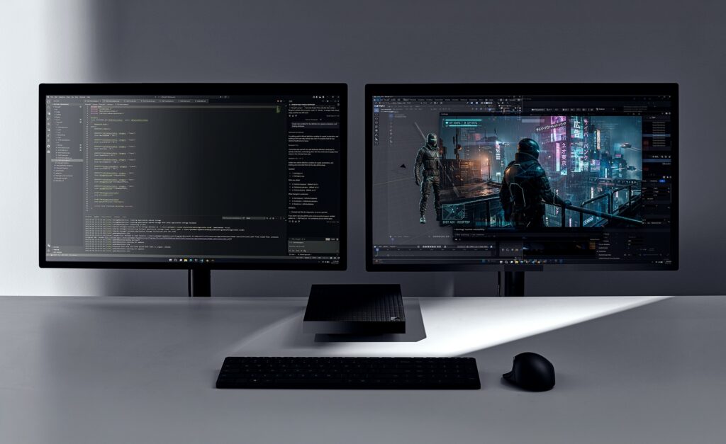 Two monitors side by side with a box in between