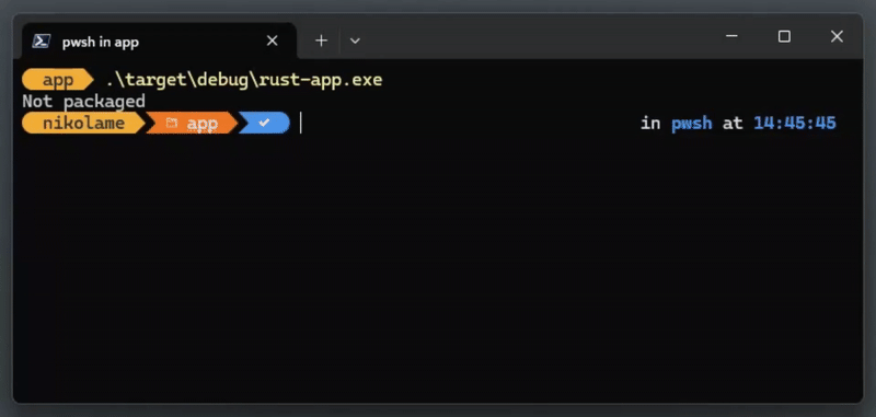A video/gif of the winapp create-debug-identity adding package identity to an exe.
