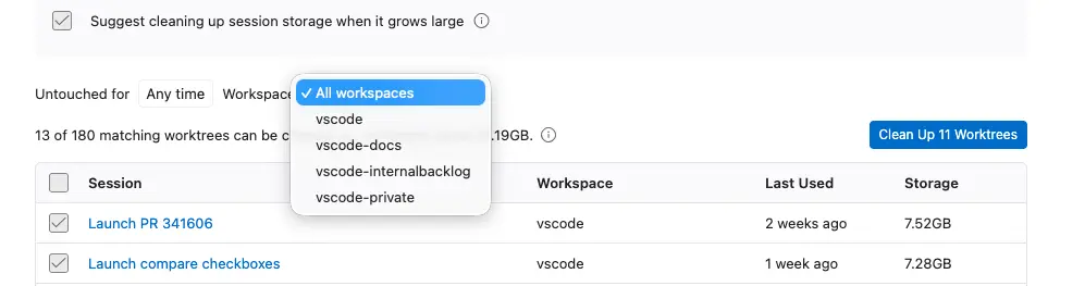 Screenshot showing the workspace filter in Worktree Cleanup, with All workspaces selected and workspace names in each row.