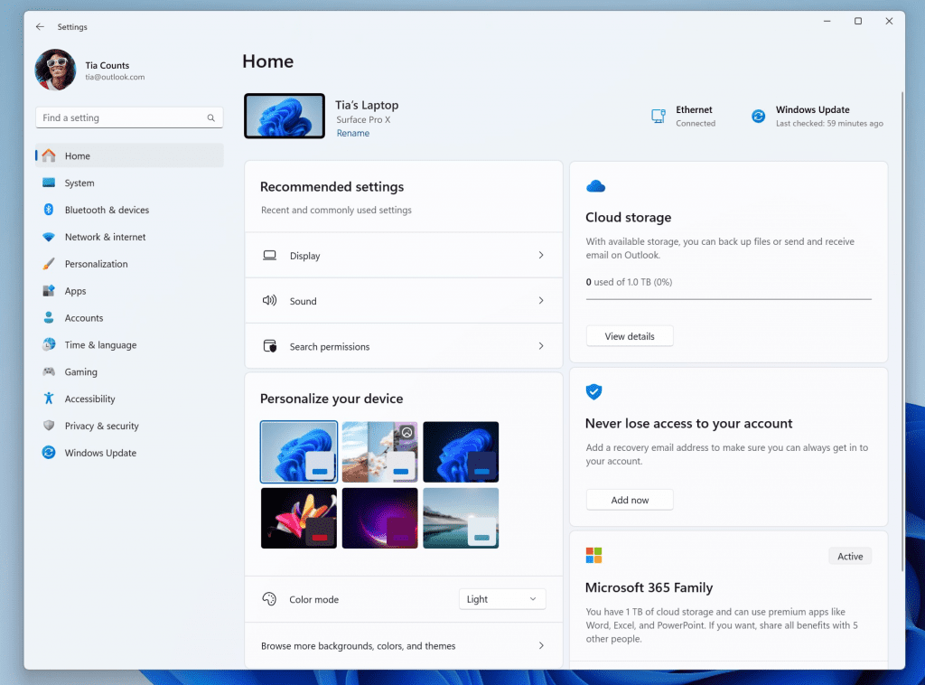 New Settings homepage.