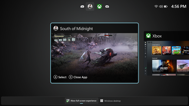 UI showing the Task View in Xbox full screen experience.
