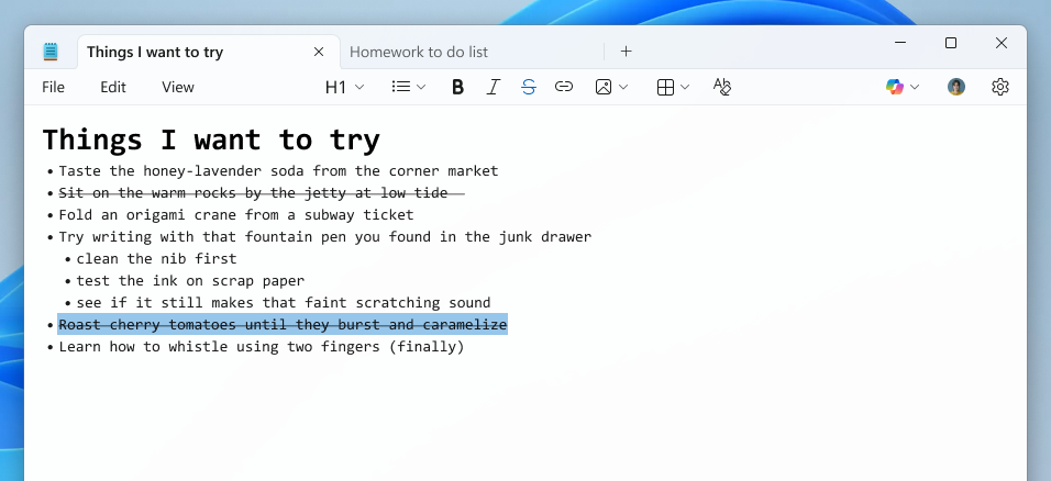 Notepad app screenshot of a nested list and strikethrough formatted created using the Increase indent command.