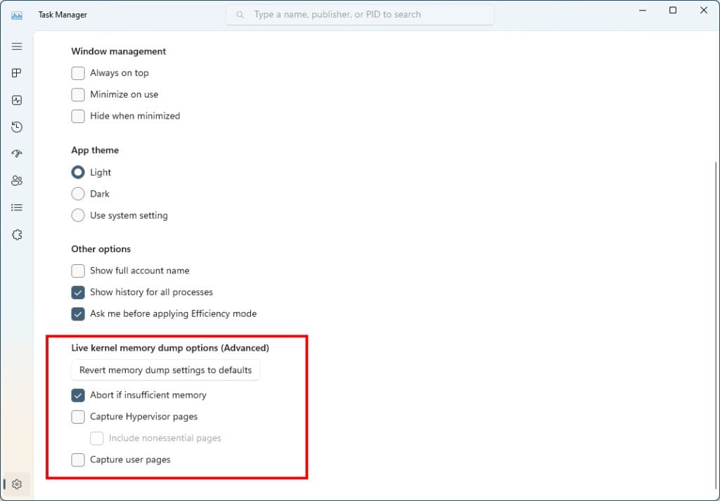 Configure live kernel dumps options in Task Manager settings.