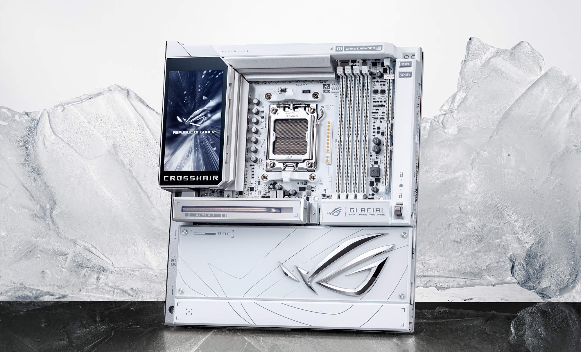 A front view of the ROG Crosshair X870E Glacial motherboard against a background of ice