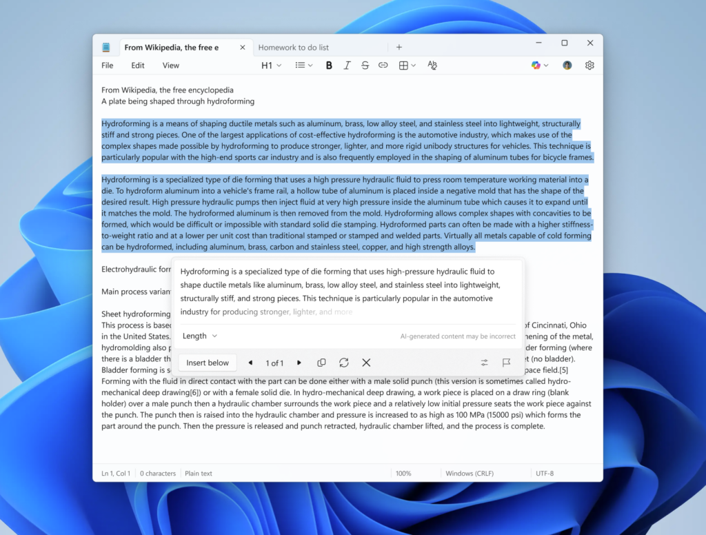 Notepad displaying generated summary appearing word by word.