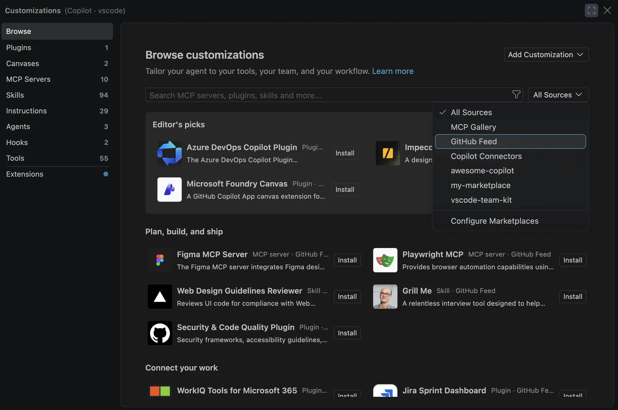 Screenshot showing the Browse page in Customizations with Editor's picks and Plan, build, and ship sections, and the source menu open to list GitHub Feed, Copilot Connectors, and plugin marketplaces.