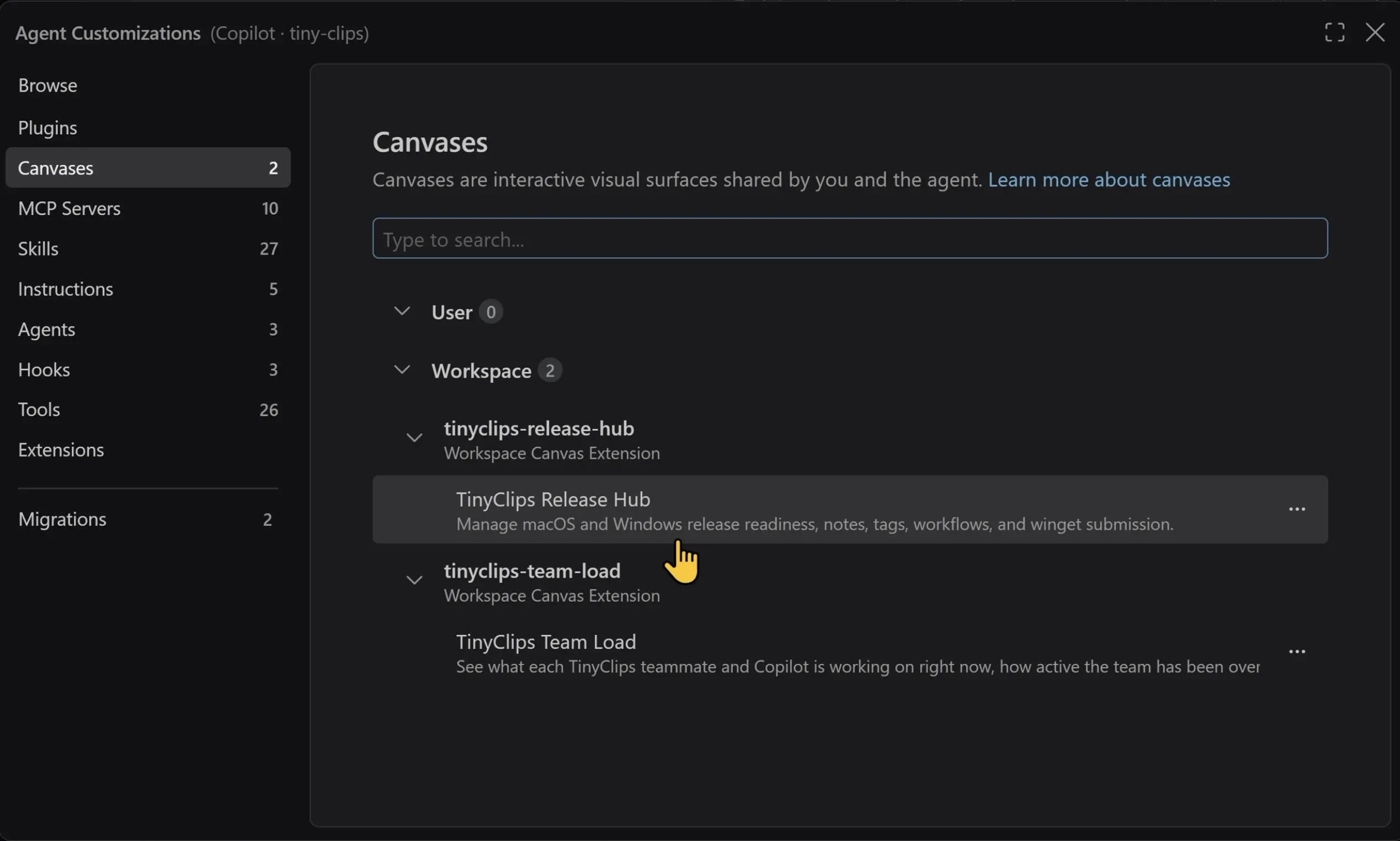 Screenshot showing canvases from two workspace extensions in the Agent Customizations editor.