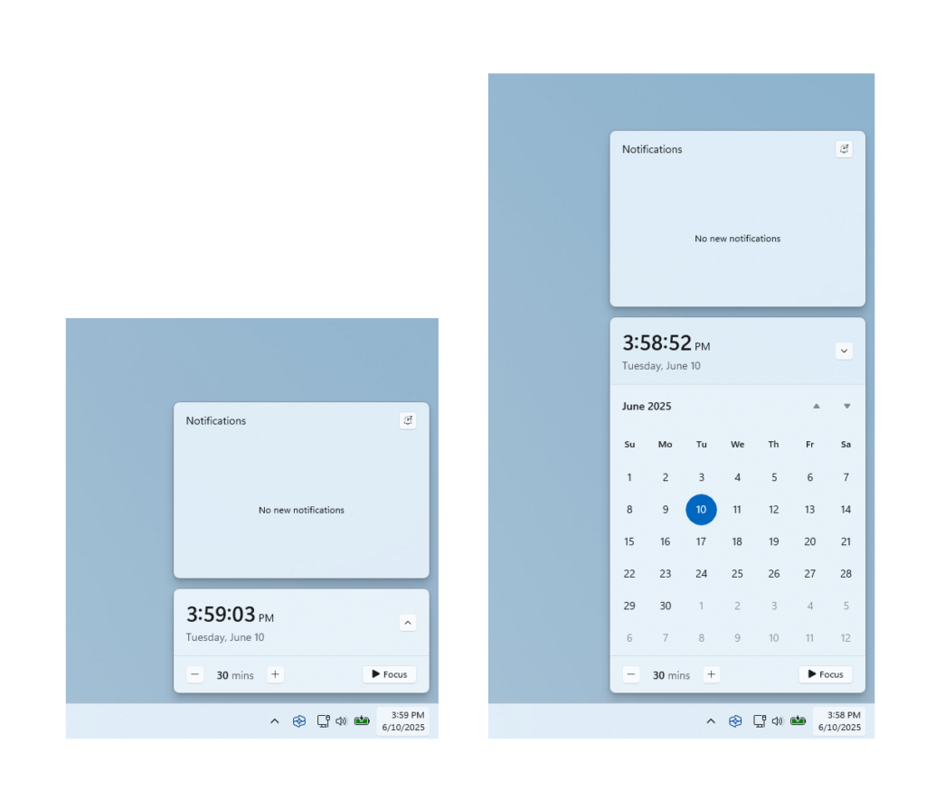 Clock showing in notification center with the calendar both collapsed and expanded. Clock showing in notification center with the calendar both collapsed and expanded.
