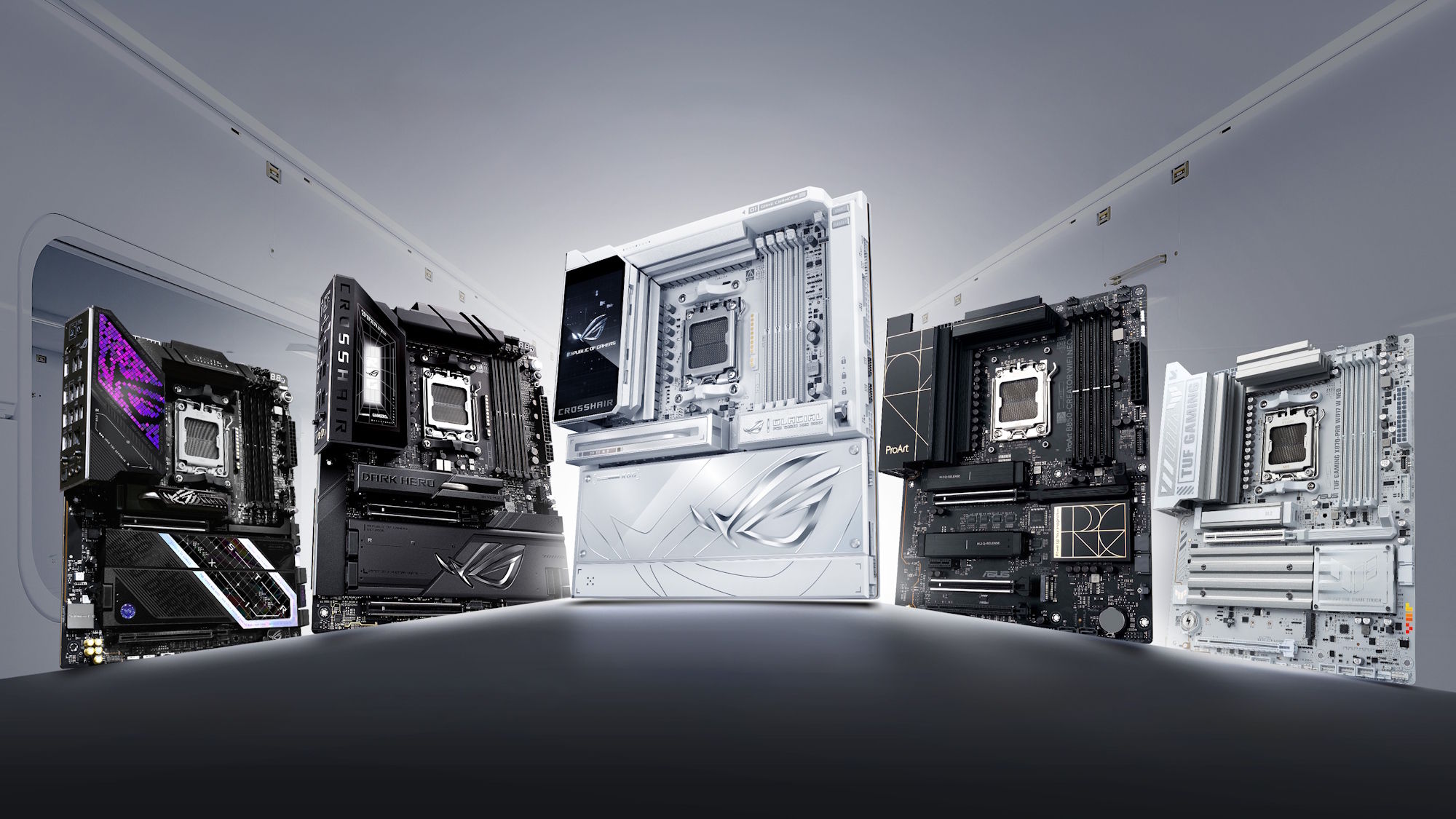 Five ASUS AM5 motherboards pictured together against a sci-fi background