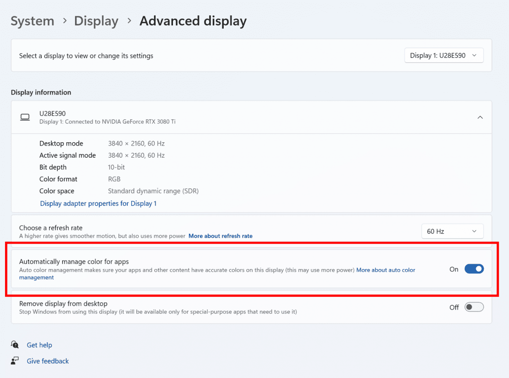 Auto Color Management setting in the Advanced display settings page.