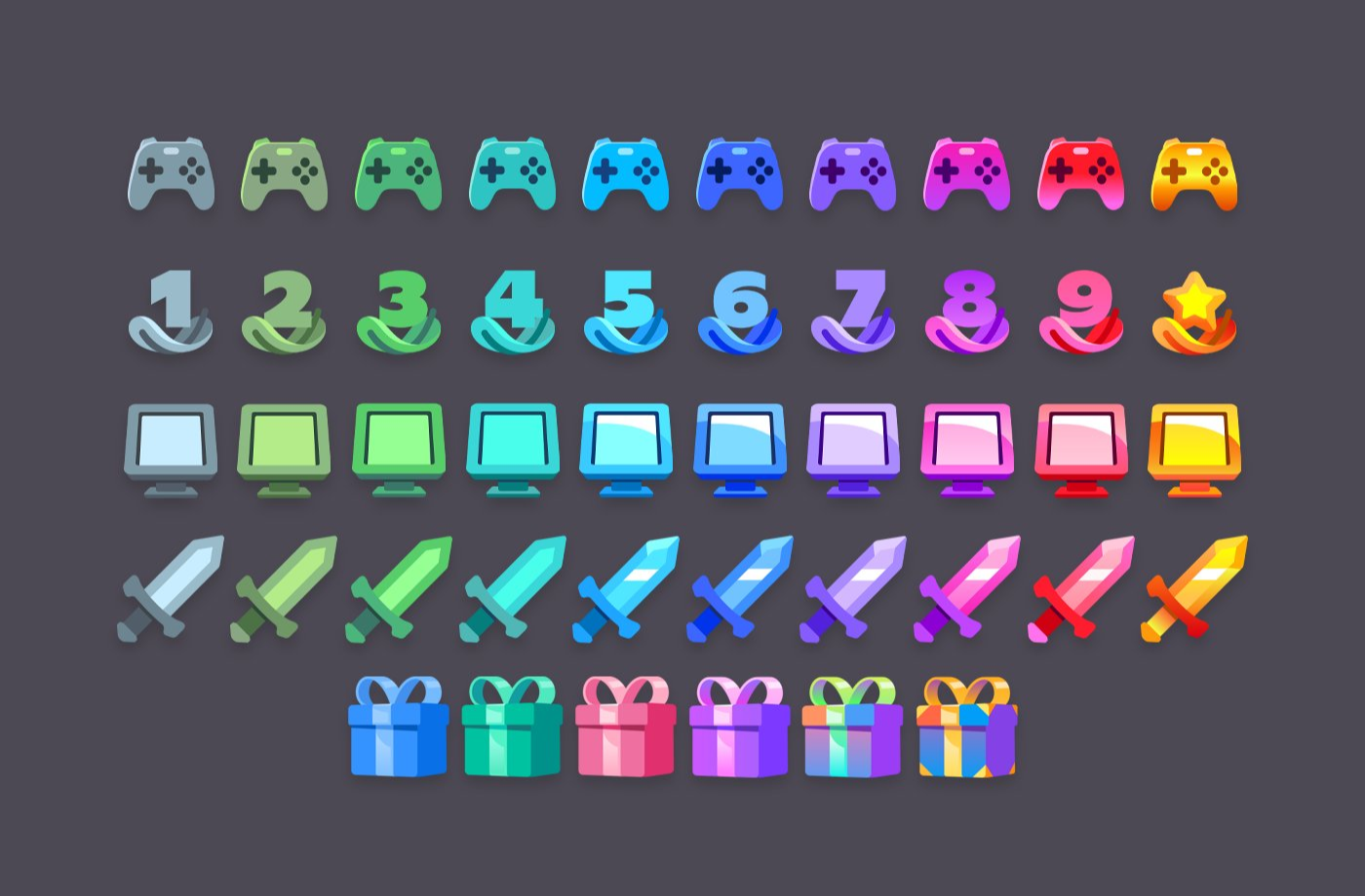New badges in various colors from gray to gold. 