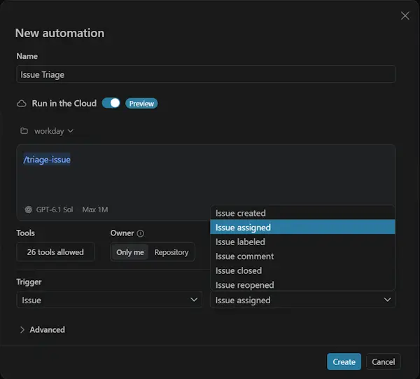 Screenshot showing the create cloud automation interface.