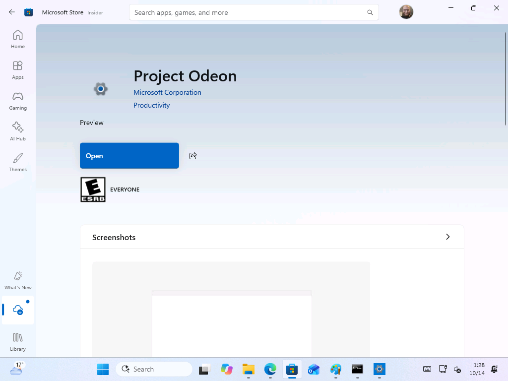 Project Odeon's Microsoft Store listing, published by Microsoft Corporation and labelled Preview. 