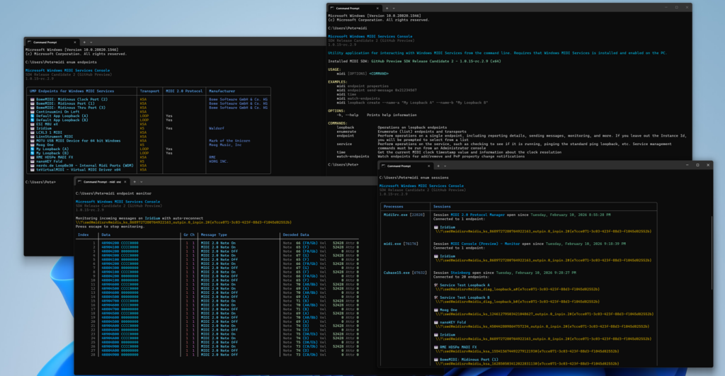 Several instances of the MIDI console showing that you can list devices, monitor MIDI sources, create loopback endpoints, and list all applications with open MIDI ports.