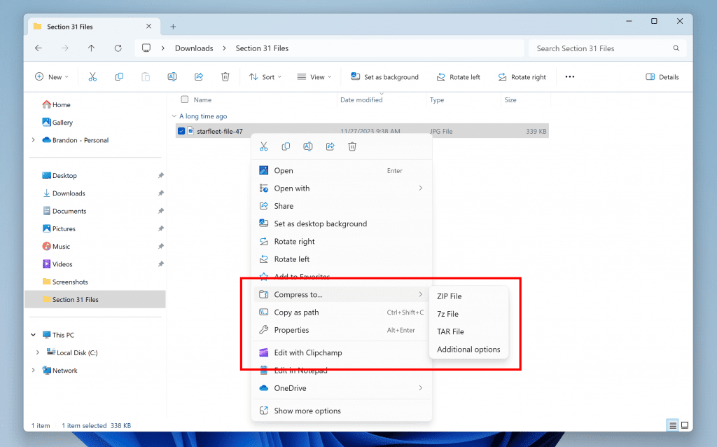 New Compress to options for additional archive formats and new compression wizard in a red box under the File Explorer content menu.