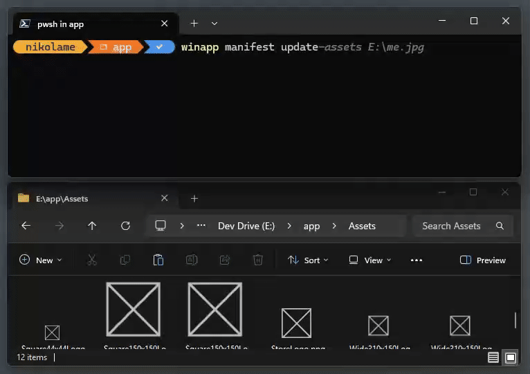 A video/gif of the winapp manifest update-assets command updating existing assets from an image.